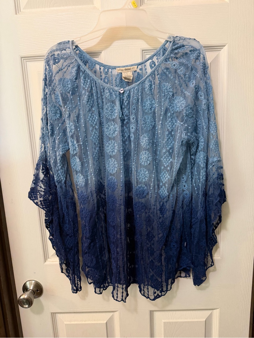 Boho Blue Ombre Embroidered Lace Sheer Bell Sleeve Top Indigo Thread Sz L - Picture 2 of 7